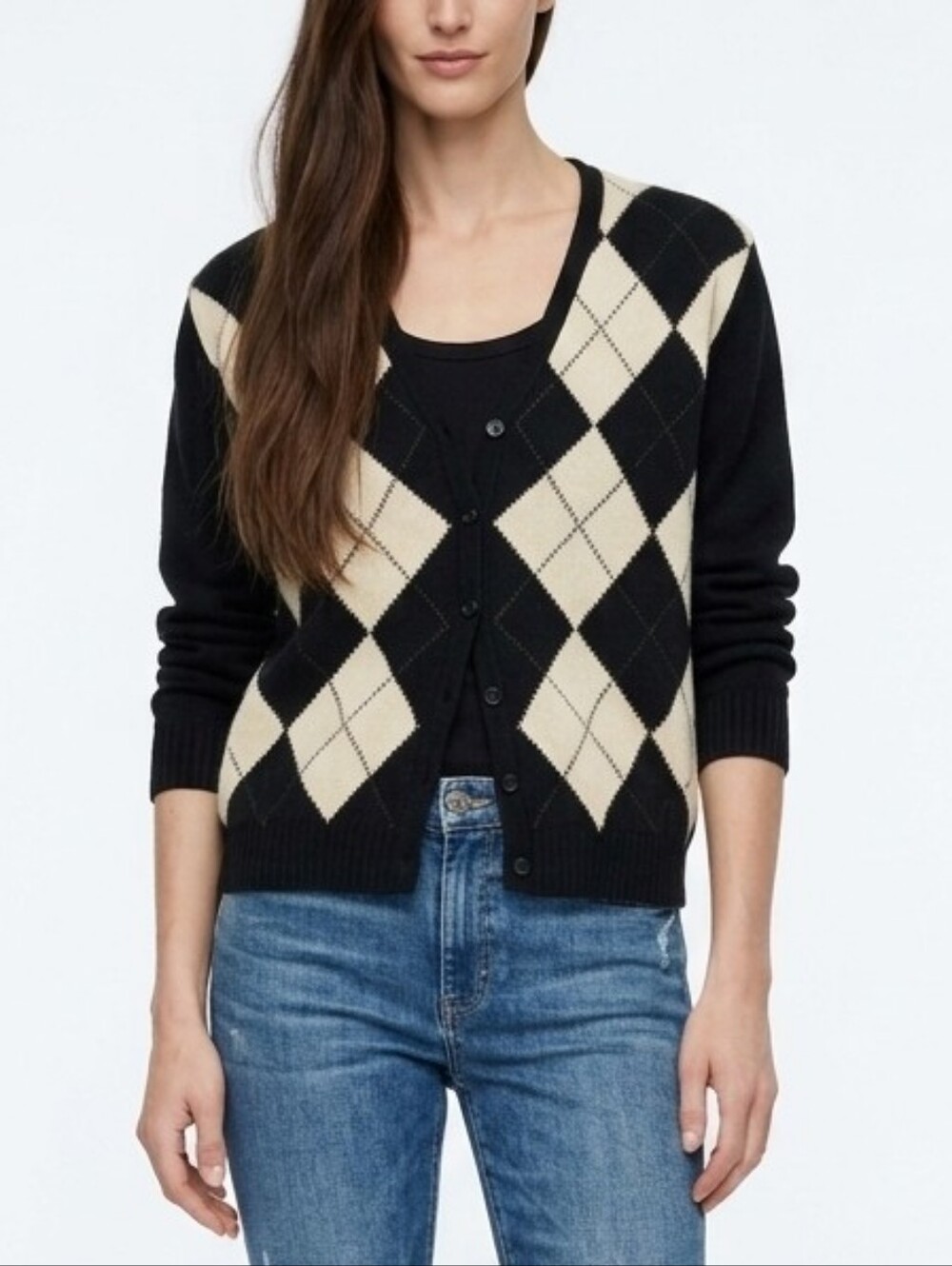 Vintage Argyle Patterned Button-Front Cardigan Sweater In Navy/Cream